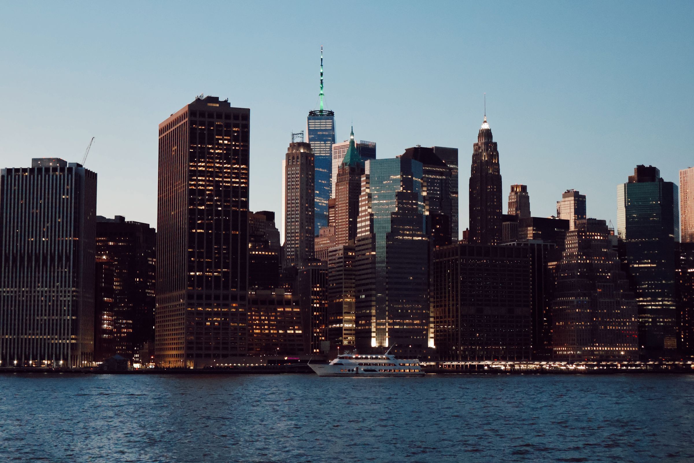 Lower Manhattan seen across the water at dusk