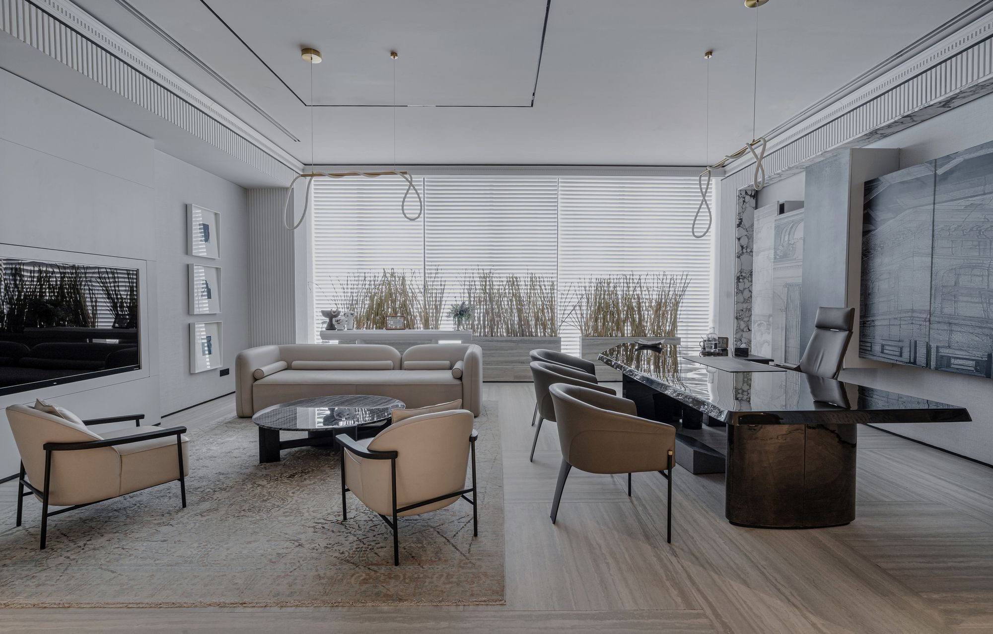 Quiet office interior with daylight from tall windows